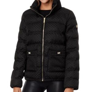 Michael Kors MK Logo Quilted Puffer Jacket Black Gold Zip NWT Women’s